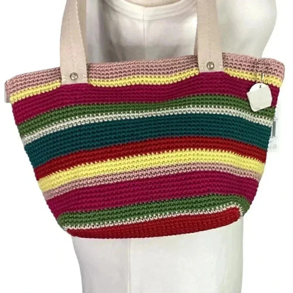 The Sak Mendocino Stripe Crochet Small Double Strap Zip Top Tote Vegan NEW Multi - Picture 5 of 11